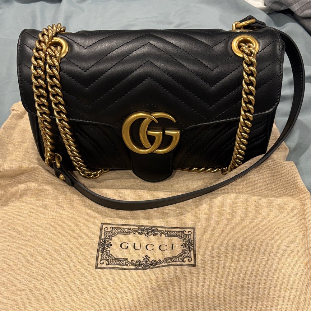 Gucci Quilted Black Shoulder Bag with Gold Chain